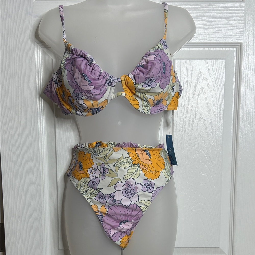 Cupshe Purple Orange Floral Two Piece Bikini Swimsuit XL/L New